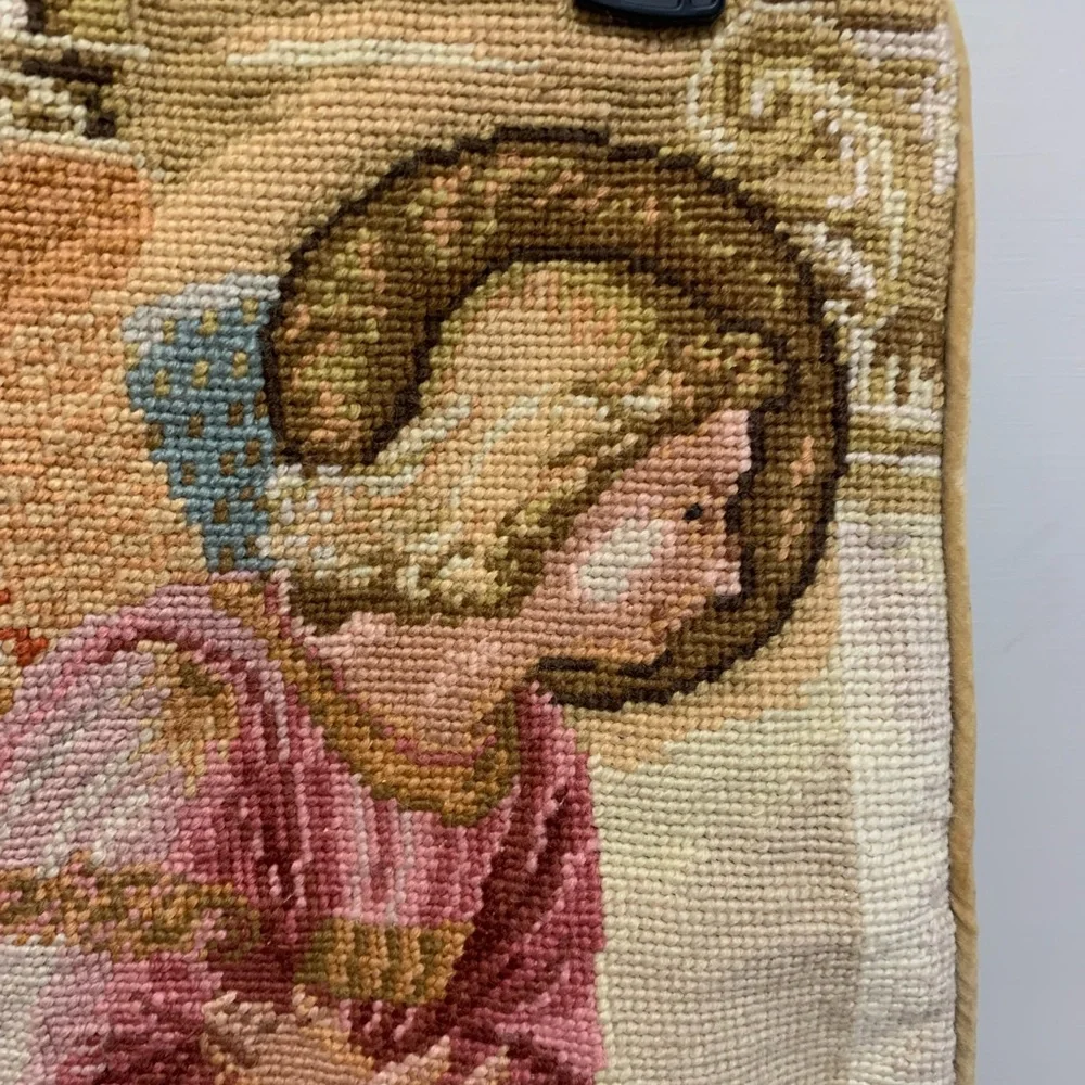 Vintage needlepoint angel tapestry pillow cover